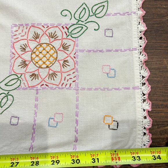 Vintage Hand Embroidered Square Tablecloth, Vintage Dresser Scarf Vintage Linen - Picture 3 of 6